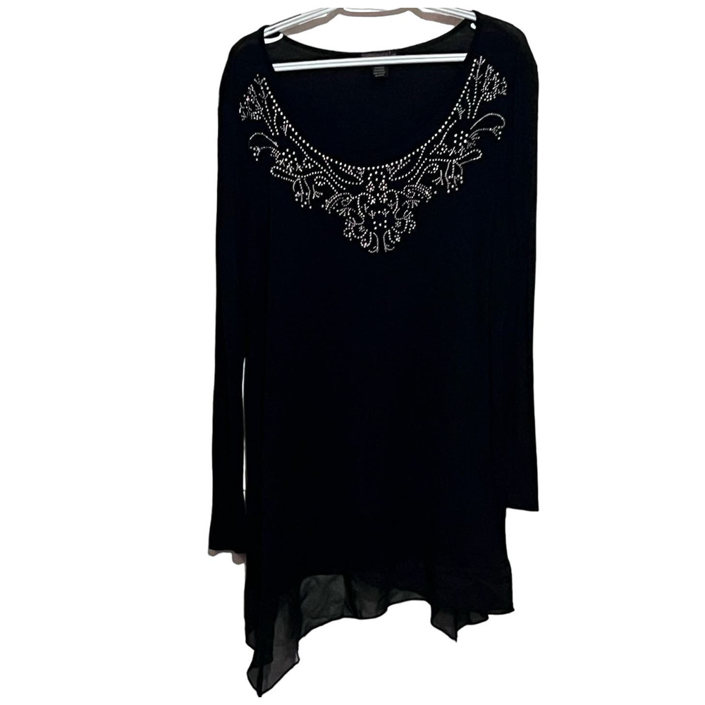Esperanza Women's Black Embellished Sheer Long‎ Sleeve Blouse Size 2X